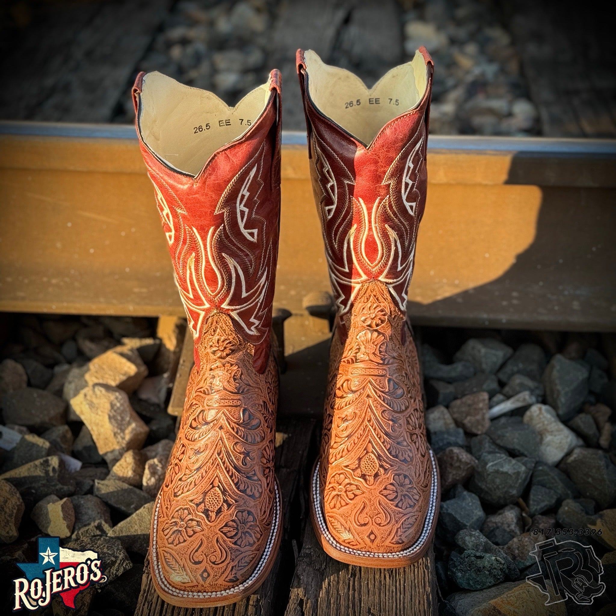 “ ALFREDO “ | Mens Cognac TOOLED LEATHER Embossed SQUARE TOE BOOTS