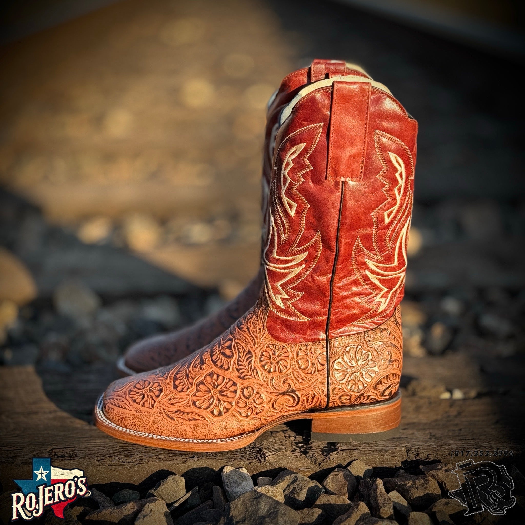 “ ALFREDO “ | Mens Cognac TOOLED LEATHER Embossed SQUARE TOE BOOTS
