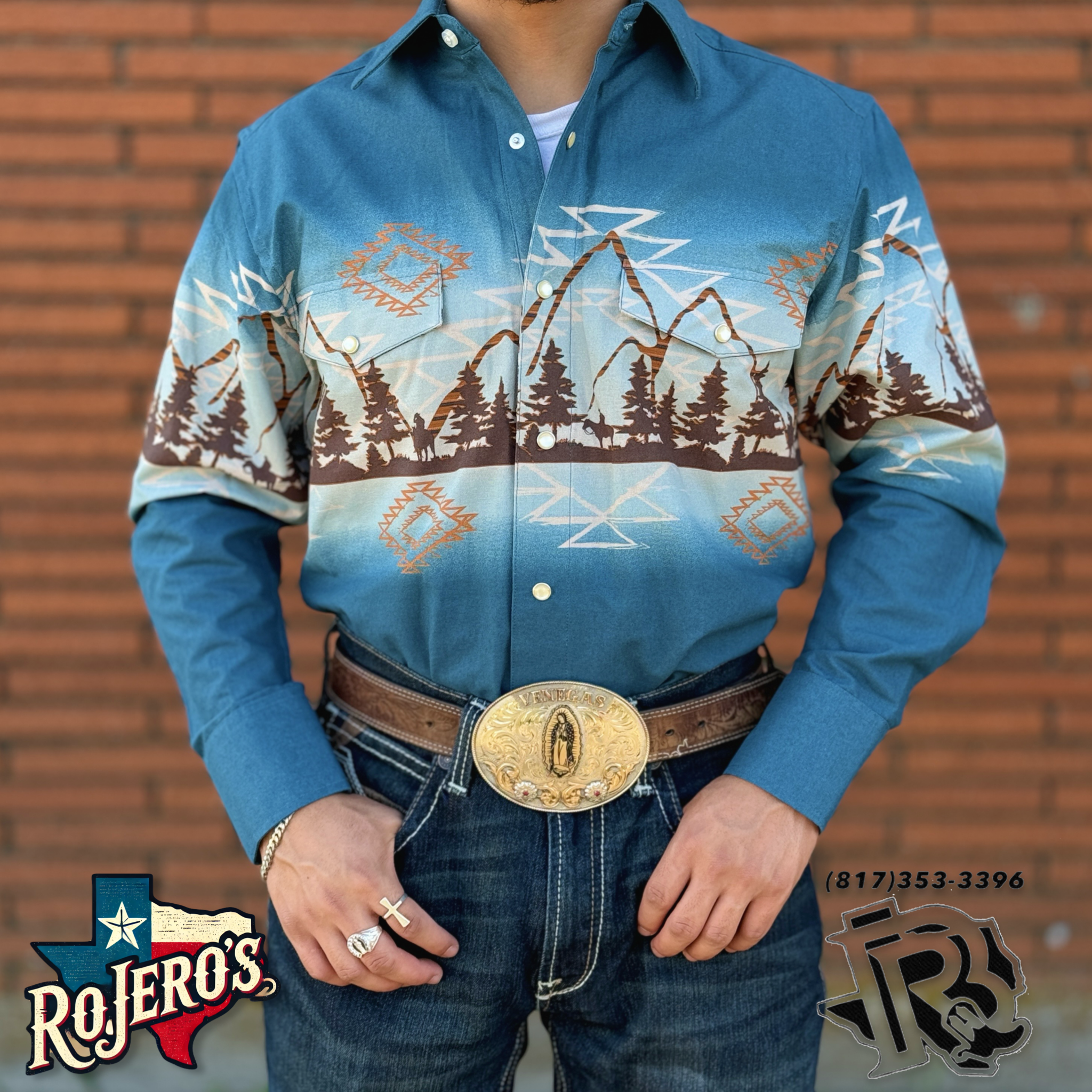 Mens long sleeve Aztec mountain borders snap shirt | SMN2S02455