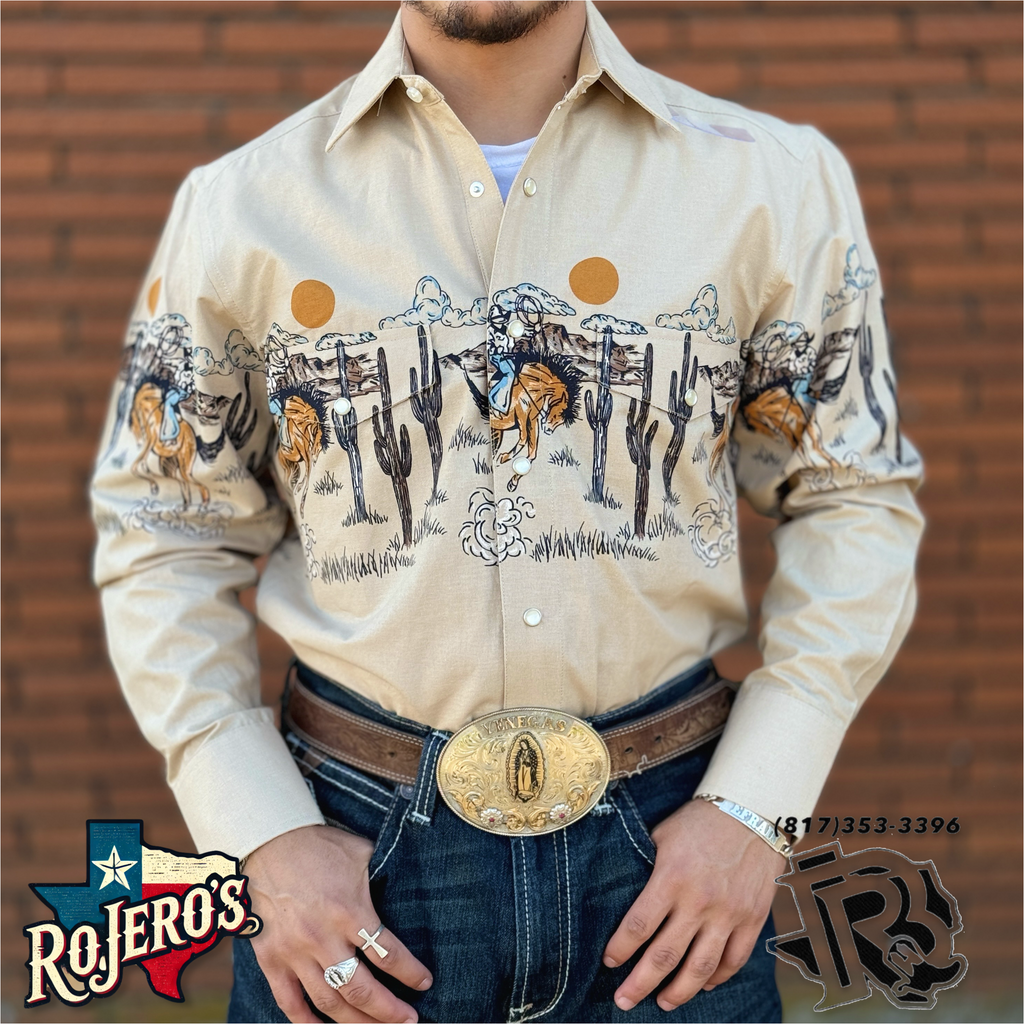 Mens Rock & Roll long sleeve 2pkt bronc border tan shirt | SMN2S03217