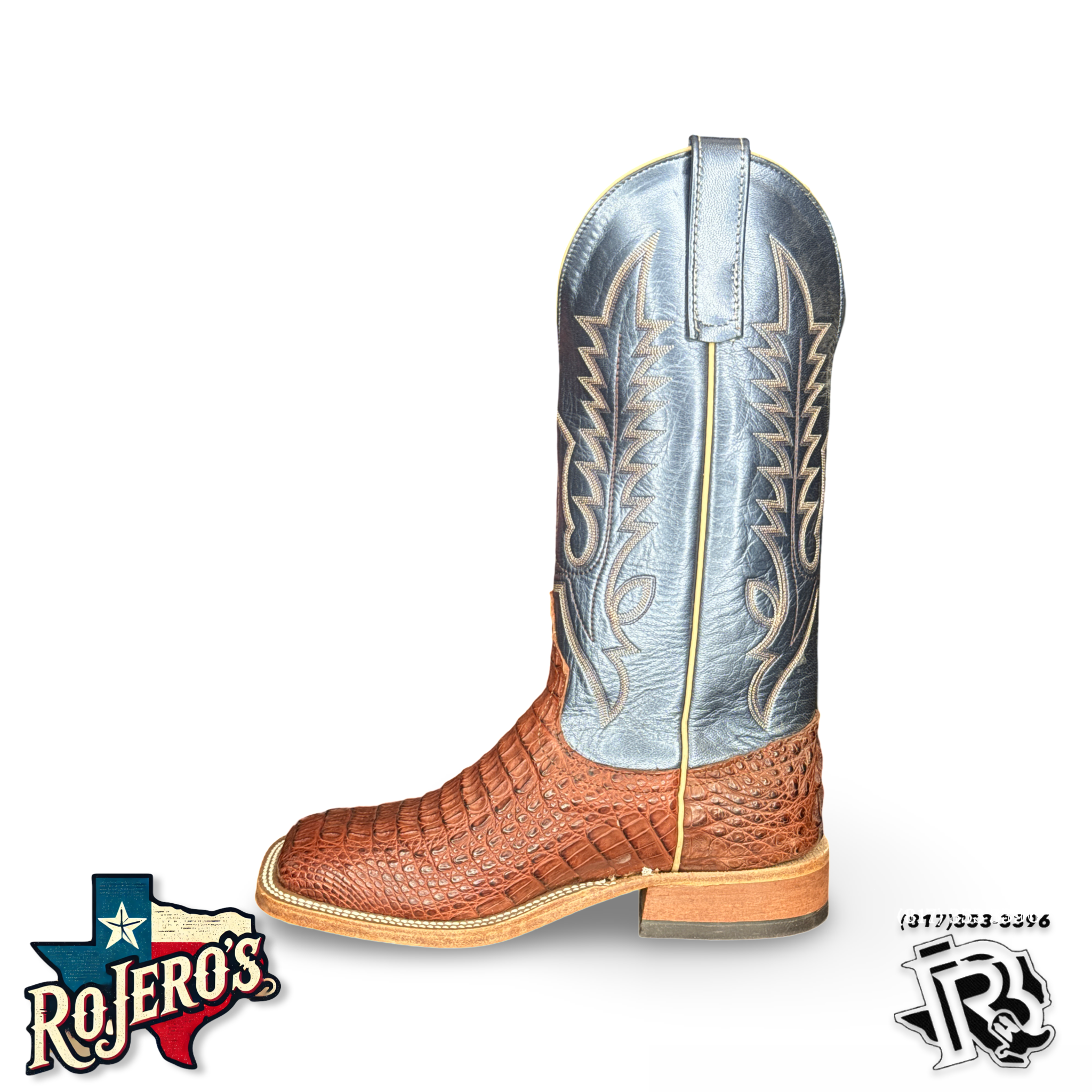 Mens Anderson Bean Square Toe regal blue Lustre Rust Lux Caiman Boots| 337830