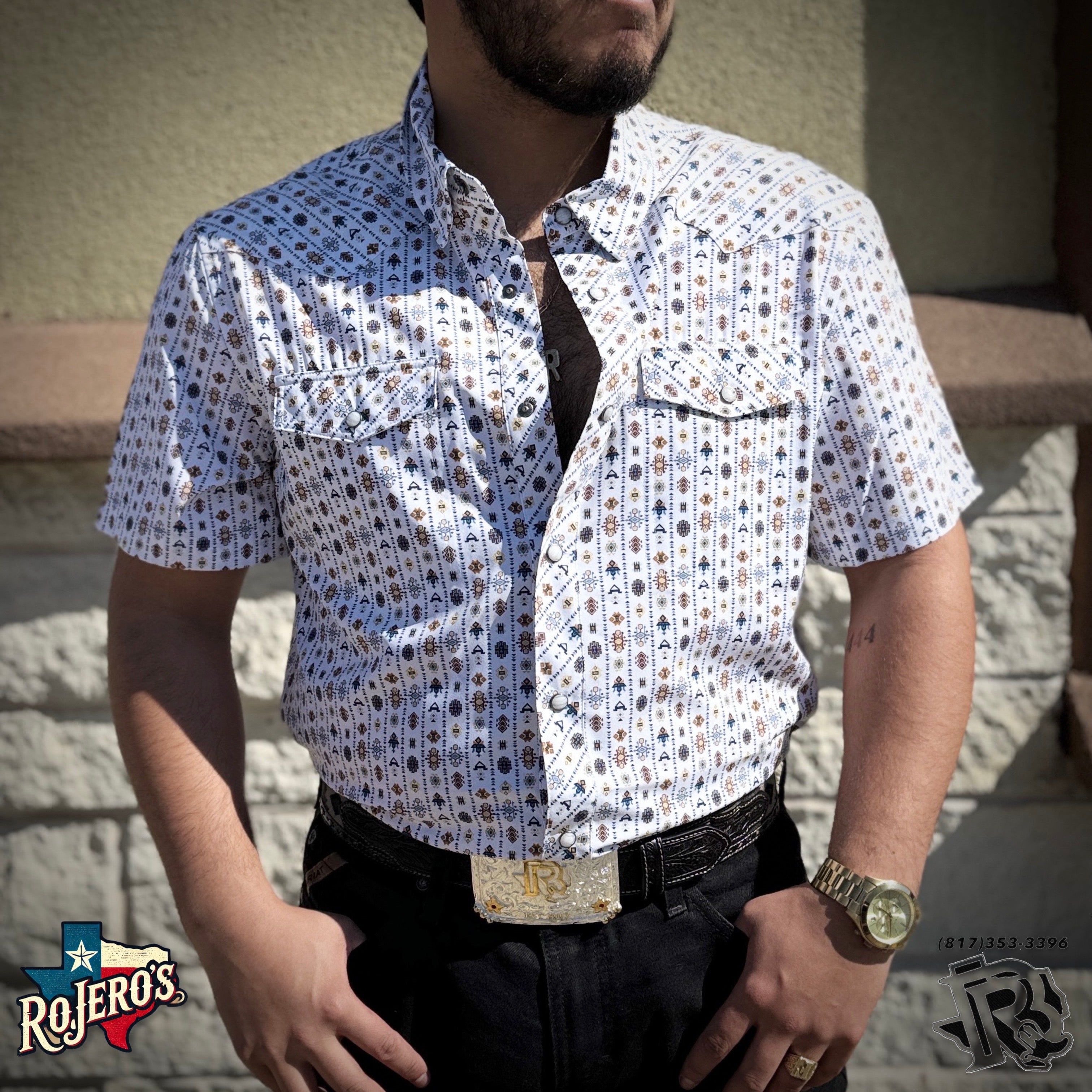 MENS PANHANDLE  WHITE AZTEC STRIPED SHORT SLEEVE SNAP PERFORMANCE SHIRT |TMN3S05720