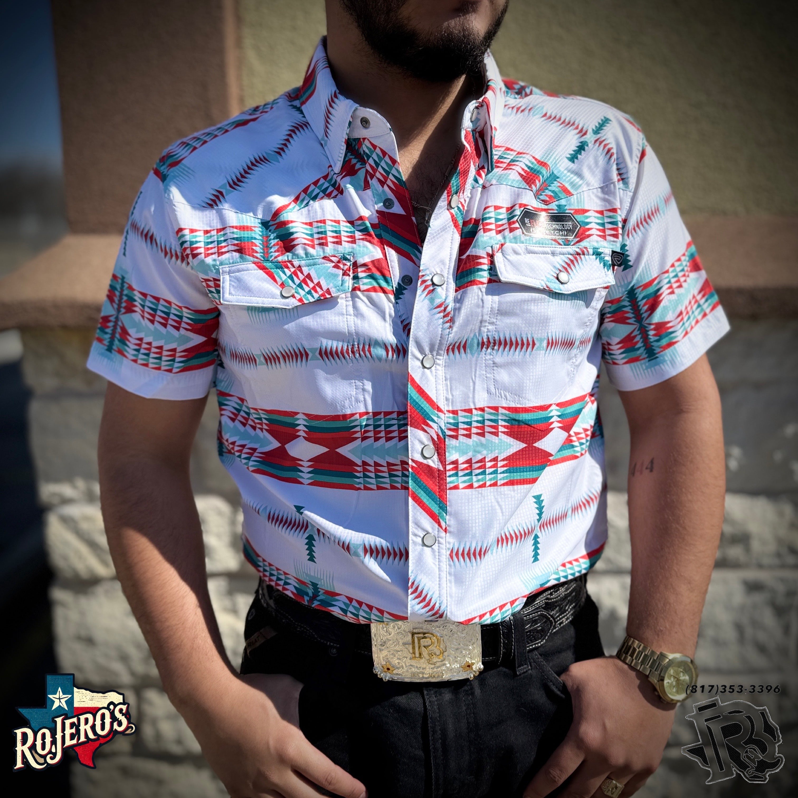 MENS ROCK & ROLL TEK WHITE AZTEC PRINT SHORT SLEEVE | BMN3S05960