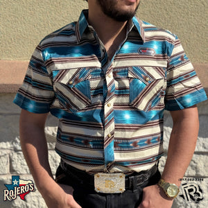 MENS ROCK & ROLL BRIGHT TURQUOISE AZTEC STRIPE PRINT SHORT SLEEVE SHIRT | BMN3S05854