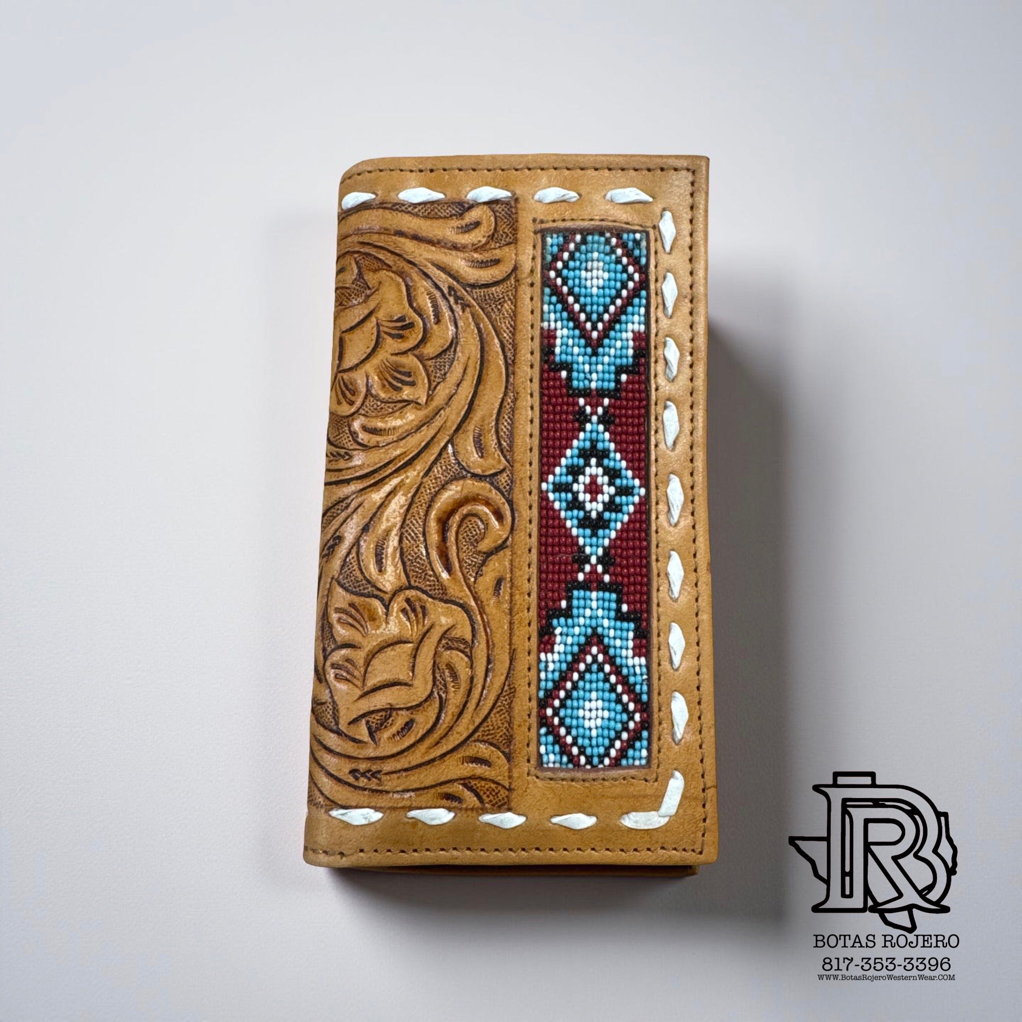 “ THOMAS  “ | MEN BI FOLD WESTERN TOOLED LEATHER WALLET BEADED IRON SPUR