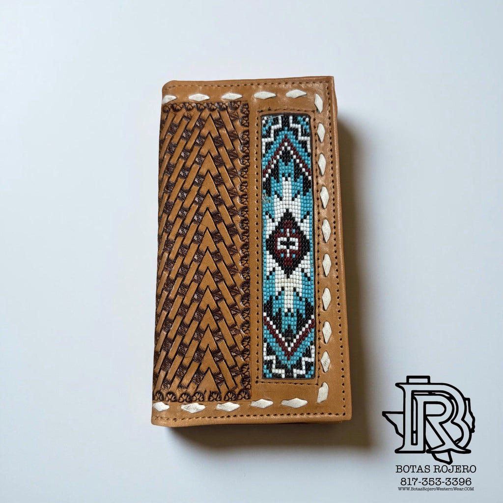 “ OSCAR  “2.0 | MEN BI FOLD WESTERN TOOLED LEATHER WALLET BEADED TURQUOISE