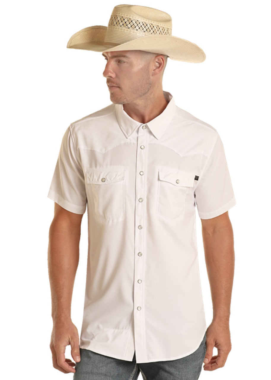 MENS ROCK & ROLL WHITE TEK SHORT SLEEVE SOLID RIPSTOP SNAP  | BMN3S02400