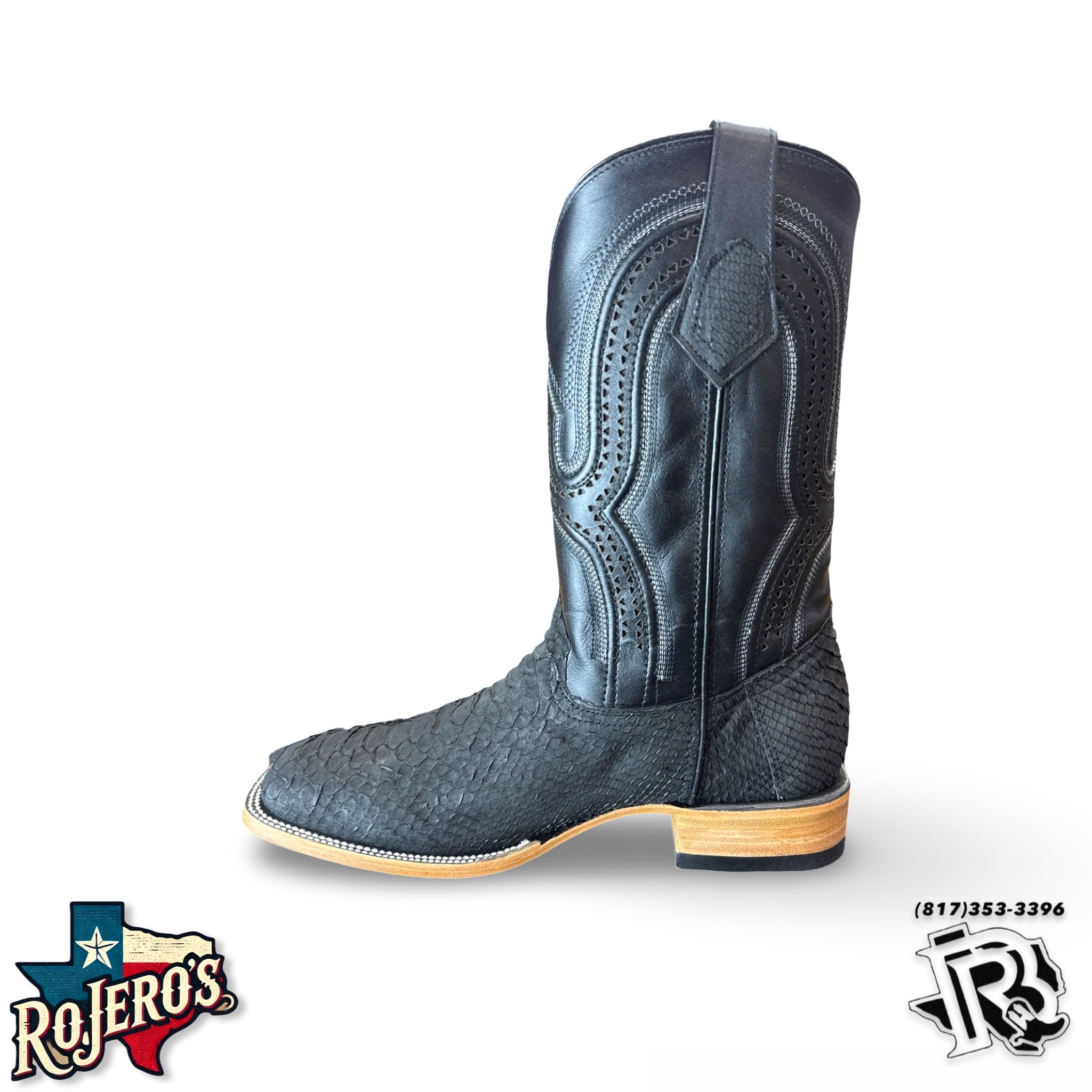 “ TONY “ | MEN WESTERN PYTHON MATTE BLACK SQUARE TOE BOOTS BY ROCK EM