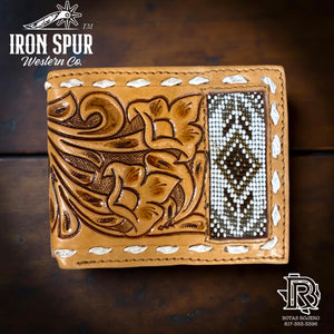 “ Damian  “ |IRON SPUR WESTERN CO. MEN BI FOLD WESTERN TOOLED LEATHER WALLET BEADED