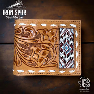 “ CESAR “ |IRON SPUR WESTERN CO MEN BI FOLD WESTERN TOOLED LEATHER WALLET BEADED
