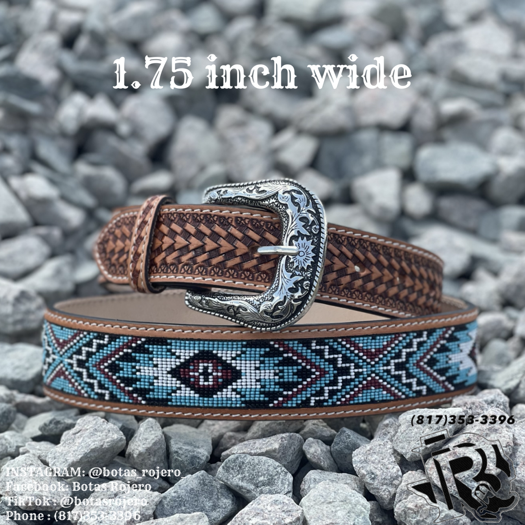 “ Oscar “ IRON SPUR ™️ INCH TAPPERED TO INCH MEN WESTERN TOOLED LEATHER BELT BEADED TURQUOISE