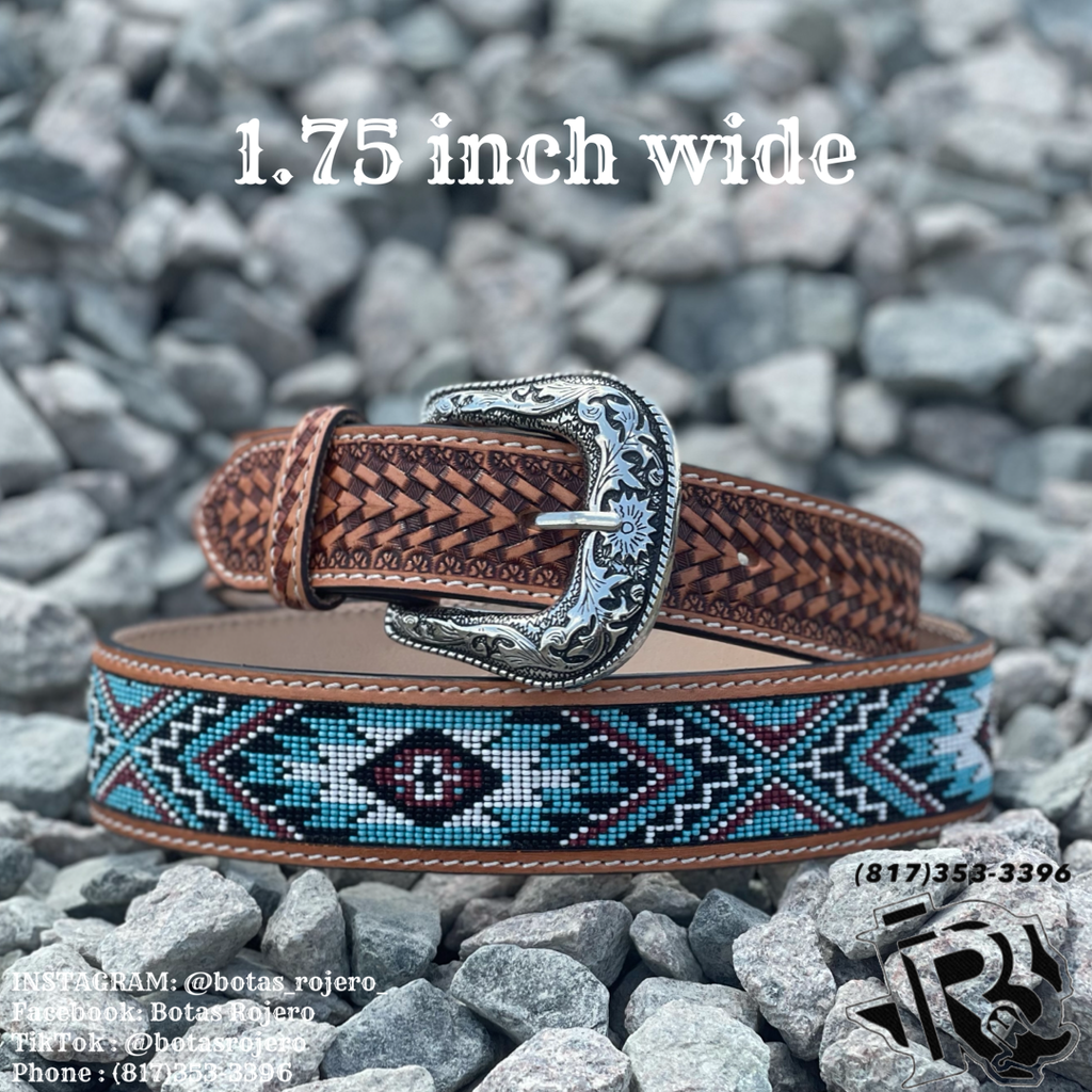 “ Oscar “ | IRON SPUR ™️ 1.75 INCH TAPPERED TO 1.5 INCH  MEN WESTERN TOOLED LEATHER BELT BEADED TURQUOISE