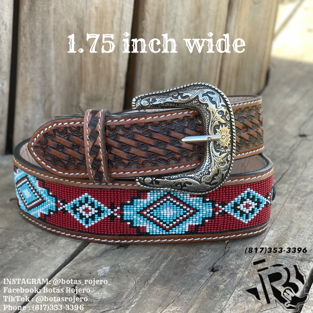 “ THOMAS”| IRON SPUR ™️ MENS WESTERN TOOLED LEATHER BELT BEADED RED