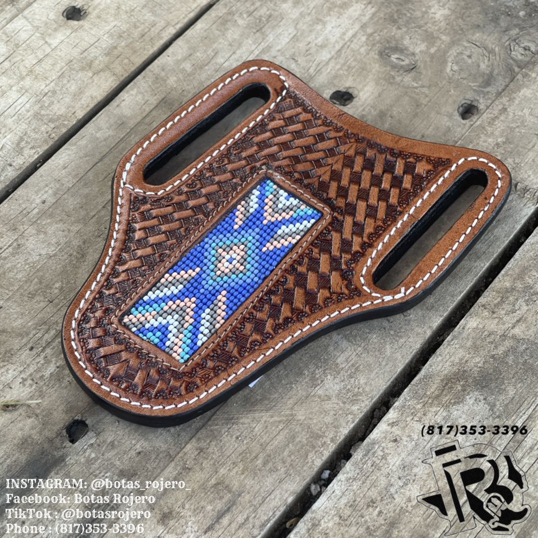“ ALEXANDER  “ |  KNIFE SHEATH WESTERN TOOLED LEATHER  BEADED | IRON SPUR