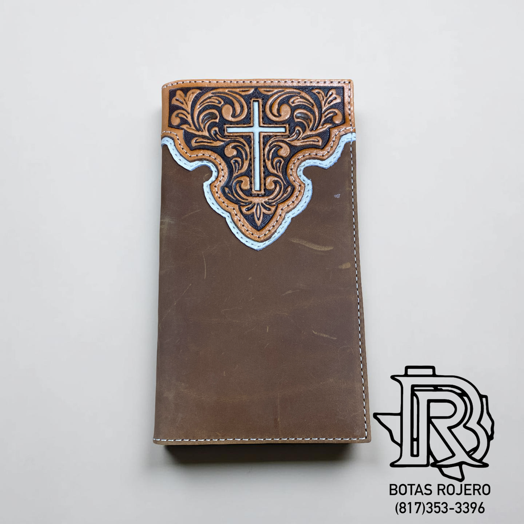 Nocona Western Mens Wallet Rodeo Leather Tooled Cross Inlay Brown |N5431044