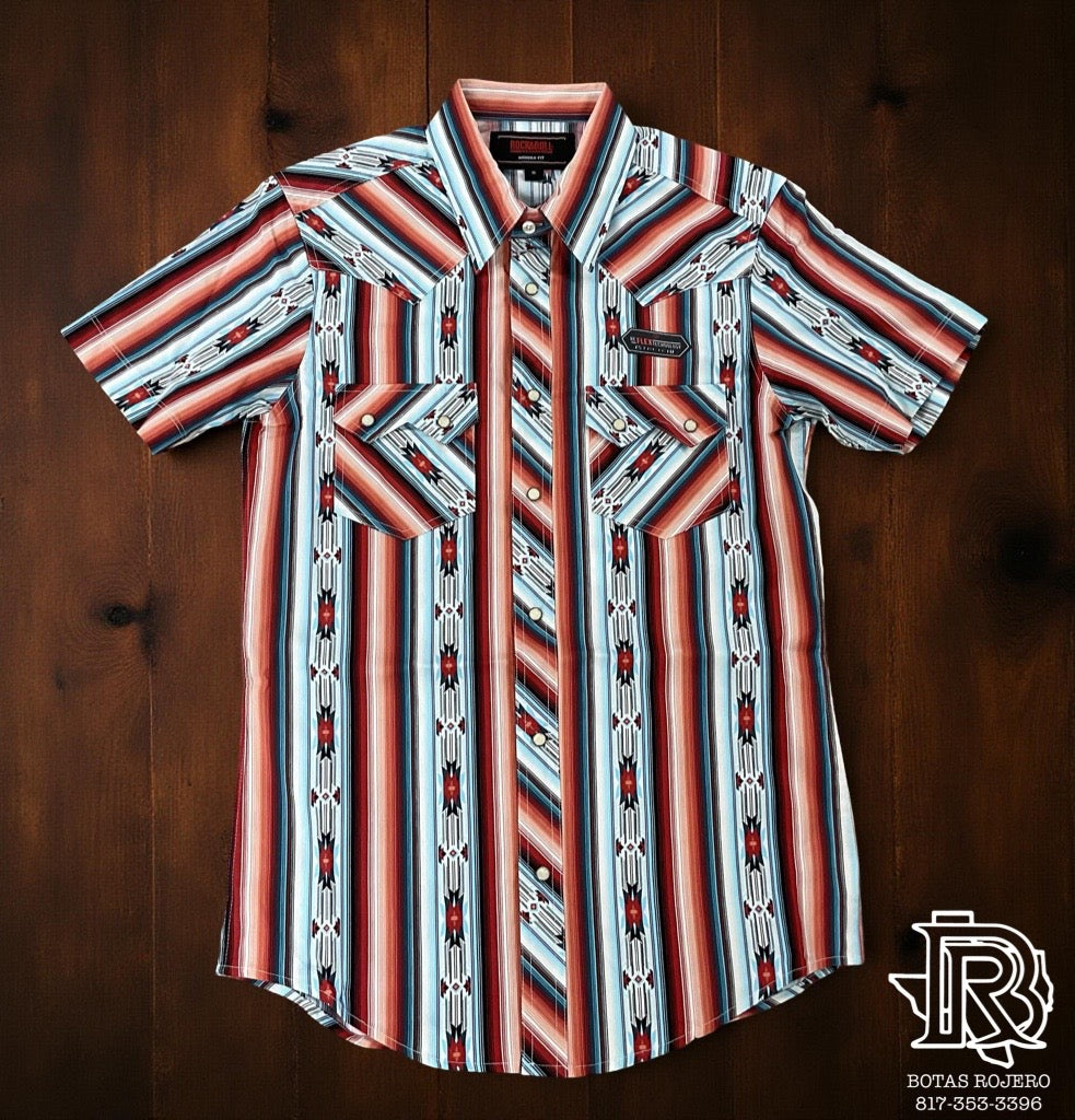 “ JOSE “ MEN’S ROCK & ROLL SHORT SLEEVE RED AZTEC  STRIPE PRINT SHIRT | BMN3S05863