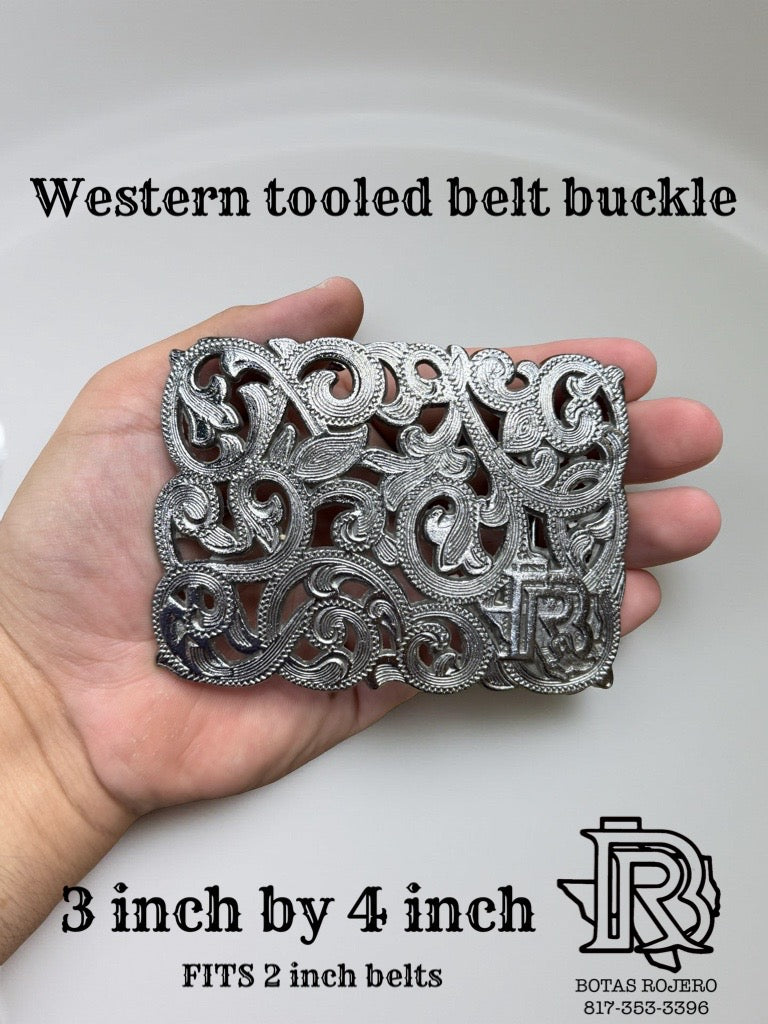 “ GEO LIGHT SILVER “ BELT BUCKLE TOOLED WESTERN