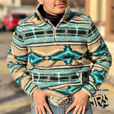 ‘’RIOS’’ Rock & Roll Cowboy Men's Aztec Berber Pullover - Turquoise | BM91C01938