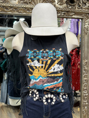 Women graphic tank with fringe black | RRWT20R0YD
