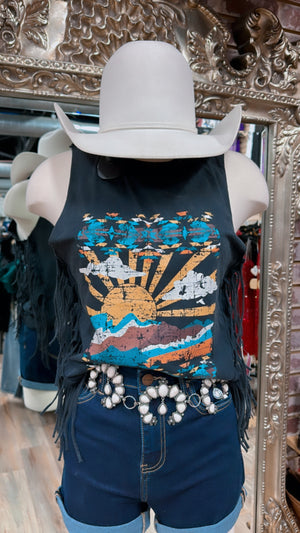 Women graphic tank with fringe black | RRWT20R0YD