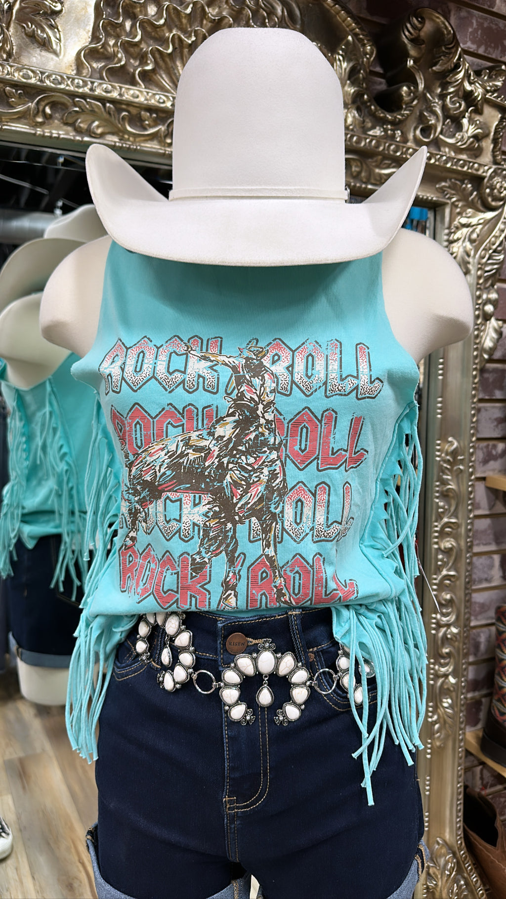 Women’s fringe tank with graphic turquoise rock & roll | BW20T02058