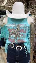 Load image into Gallery viewer, Women’s fringe tank with graphic turquoise rock &amp; roll | BW20T02058
