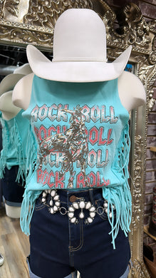 Women’s fringe tank with graphic turquoise rock & roll | BW20T02058
