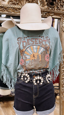 Rock & Roll Ladies Desert Rodeo Fringe Sky Blue T-Shirt|  BW21T02064