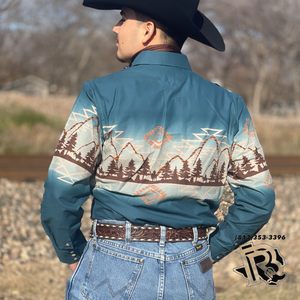 Mens long sleeve Aztec mountain borders snap shirt | SMN2S02455