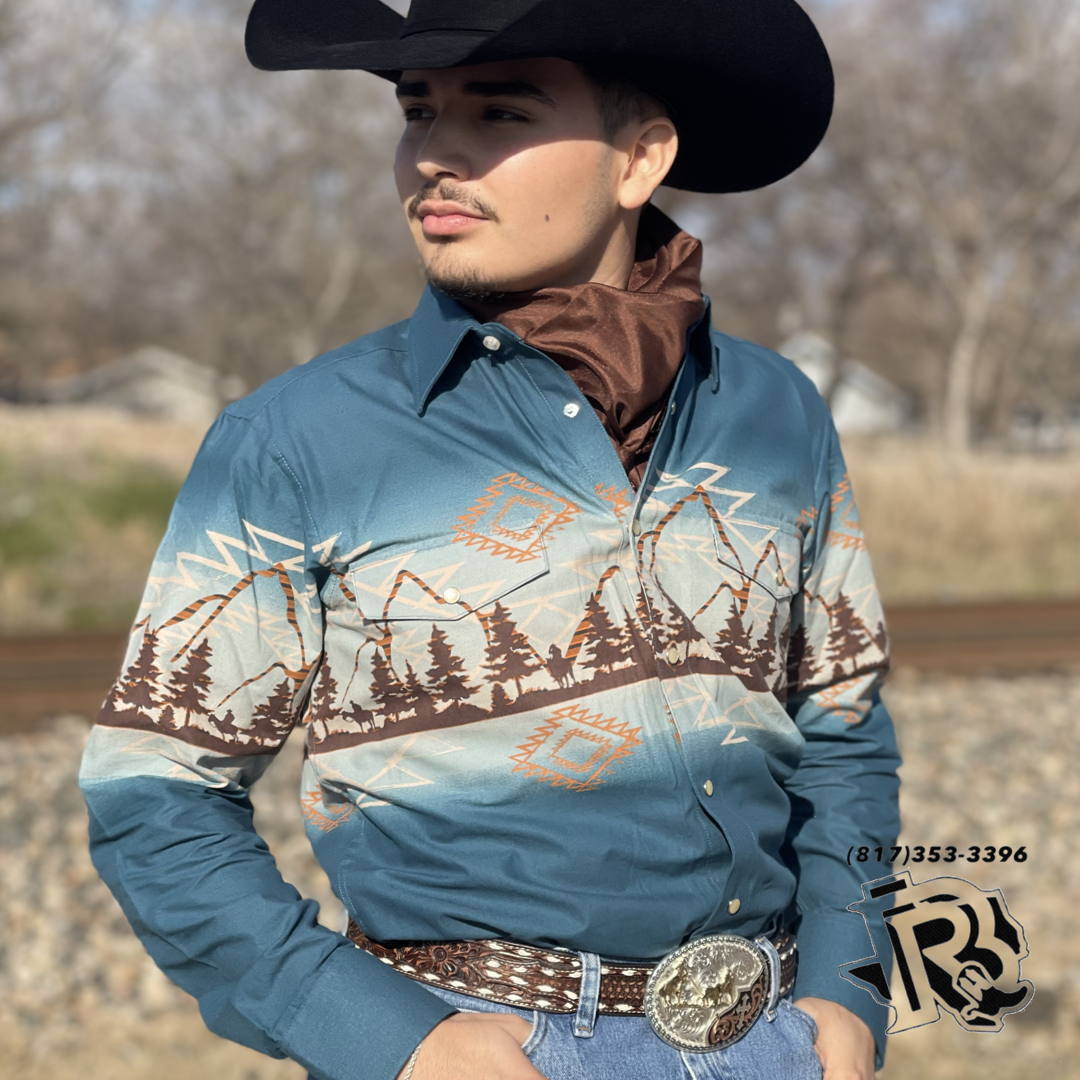 Mens long sleeve Aztec mountain borders snap shirt | SMN2S02455