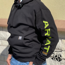 Load image into Gallery viewer, ARIAT MEN&#39;S REBAR BLACK WITH LIME GREEN LOGO PULLOVER HOODIE (10032993)