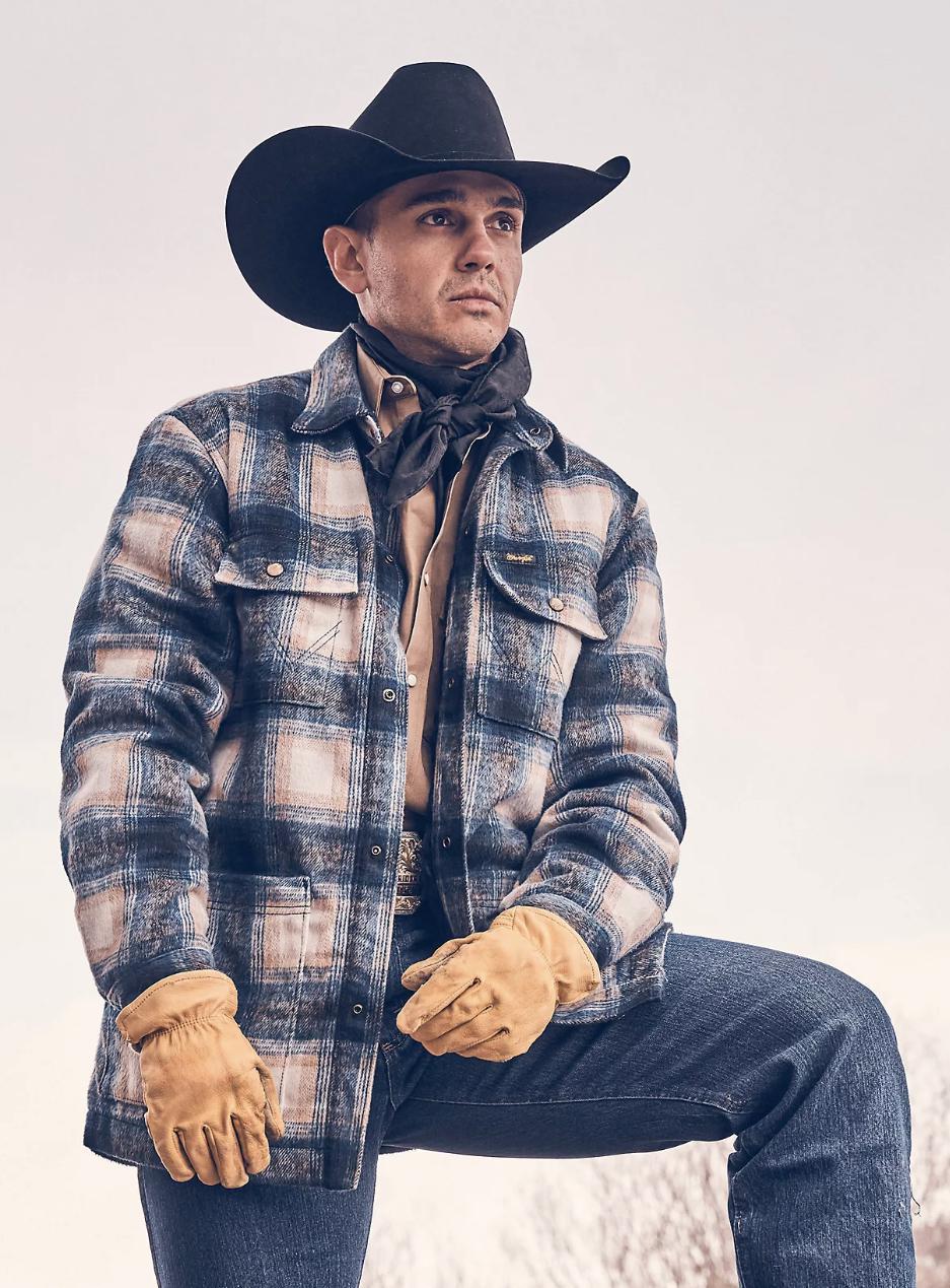 Men's Wrangler® Logo Snap Plaid Shirt in Blue Air Men's Wrangler® Logo Snap Plaid Shirt in Blue Air