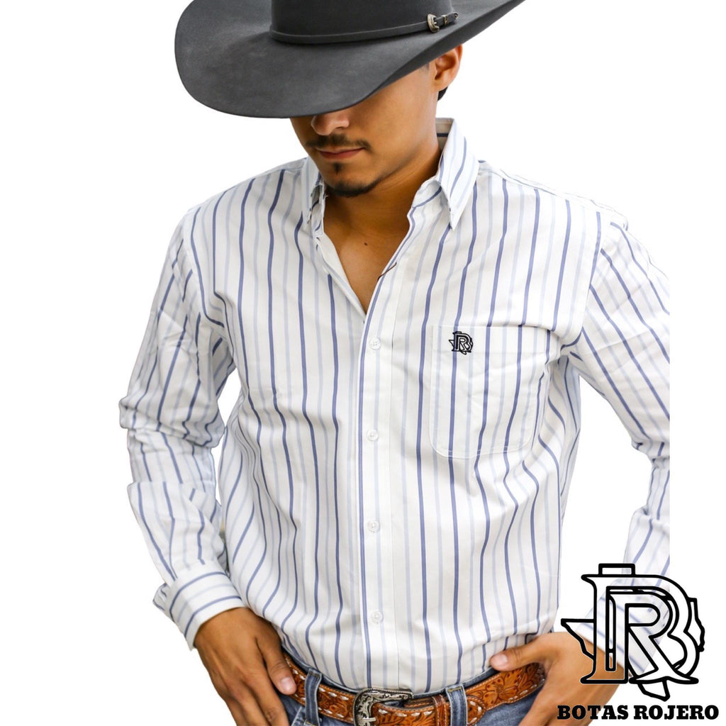 ‘’ MAVERICK ’’ MEN’S WHITE STRIPE WESTERN LONG SLEEVE IRON SPUR SHIRT
