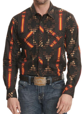 Rock & Roll Denim Men's Black with Sunset Aztec Print Long Sleeve Western Shirt| BMN2S02168