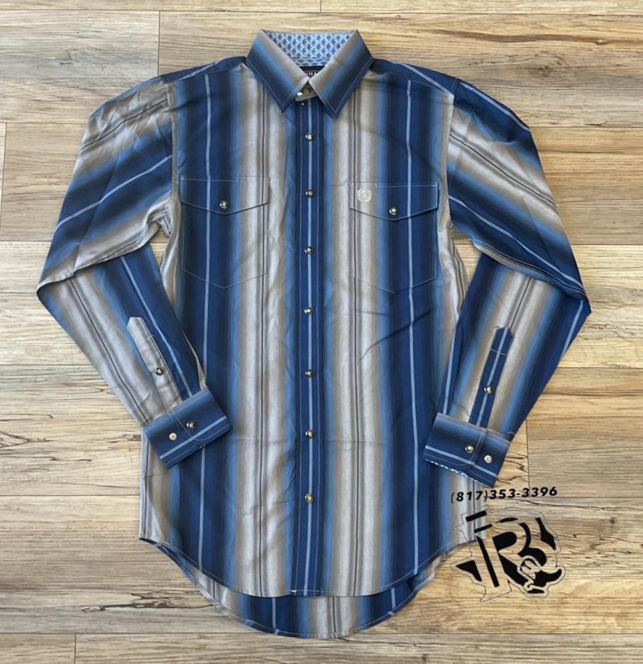 ‘’BRYAN’’ MENS LONG SLEEVE 2PKT STRIPE SNAP BLUE SHIRT | PMN2S02324