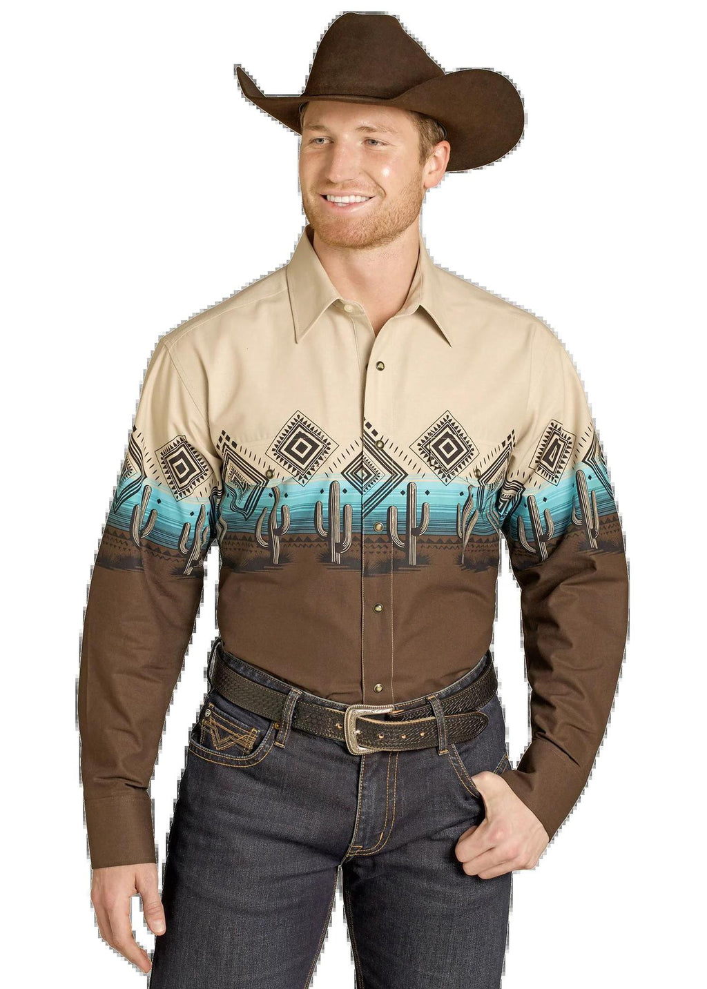 ROCK & ROLL MEN’S DARK BROWN AZTECK CACTUS LONG SLEEVE SNAP SHIRT | SMN2S07680