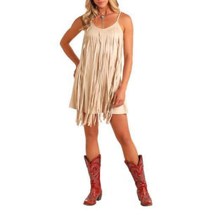 WOMEN’S ROCK & ROLL NATURAL DENIM MICROSUEDE FRINGE SHIFT DRESS| BWD0R05900
