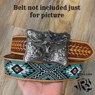 “ LONG HORN “ | SILVER WESTERN SQUARE BUCKLE TOOLED DESIGN