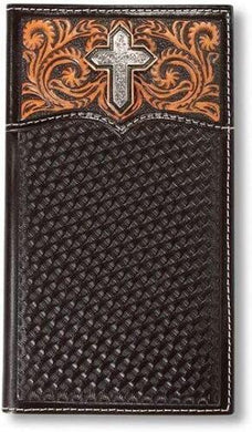Ariat Western Mens Wallet Rodeo Leather Basket Weave Floral Cross Brown A3557244
