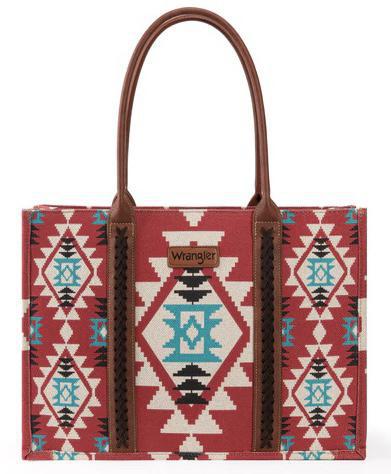 Wrangler Southwestern Pattern Dual Sided Print Canvas Wide Tote|  Burgundy