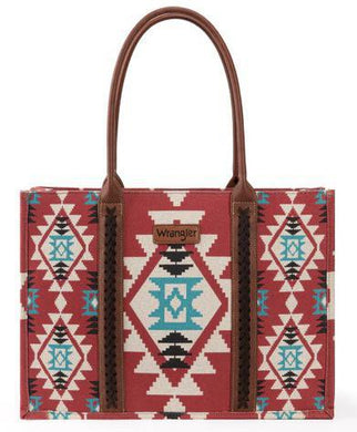Wrangler Southwestern Pattern Dual Sided Print Canvas Wide Tote|  Burgundy