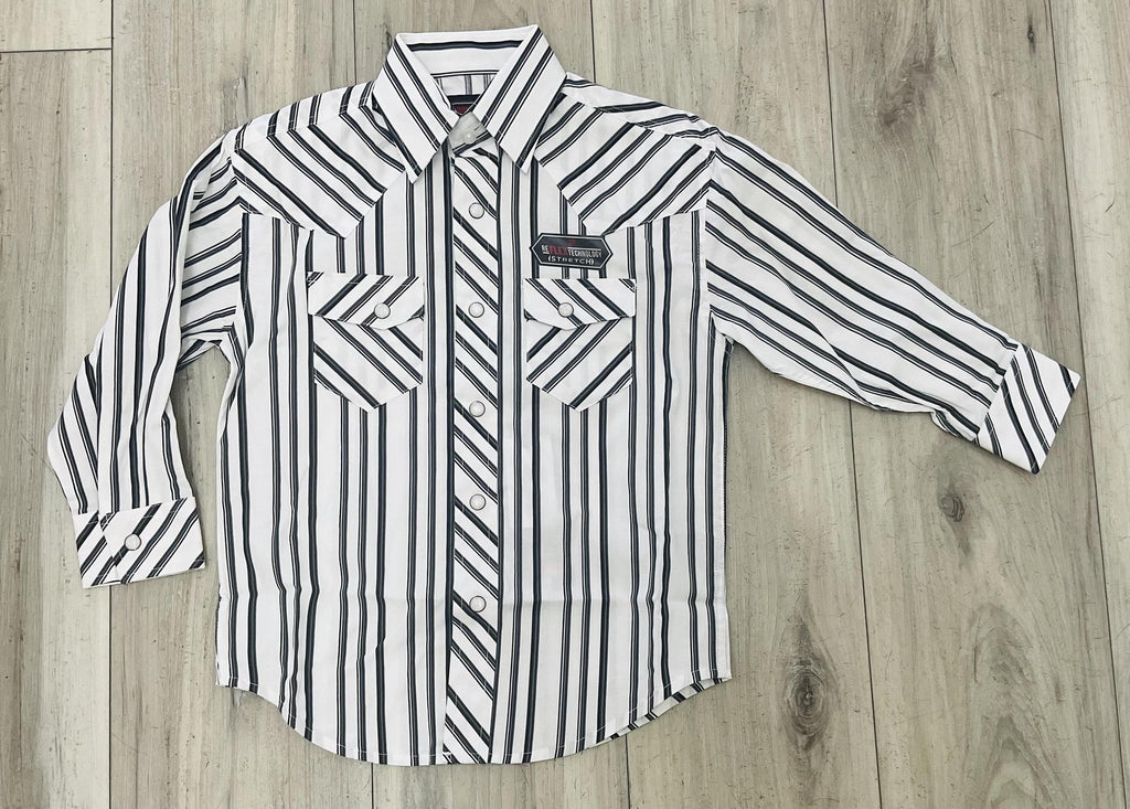 BOY'S ROCK & ROLL GREY STRIPE PRINTED LONG SLEEVE SHIRT