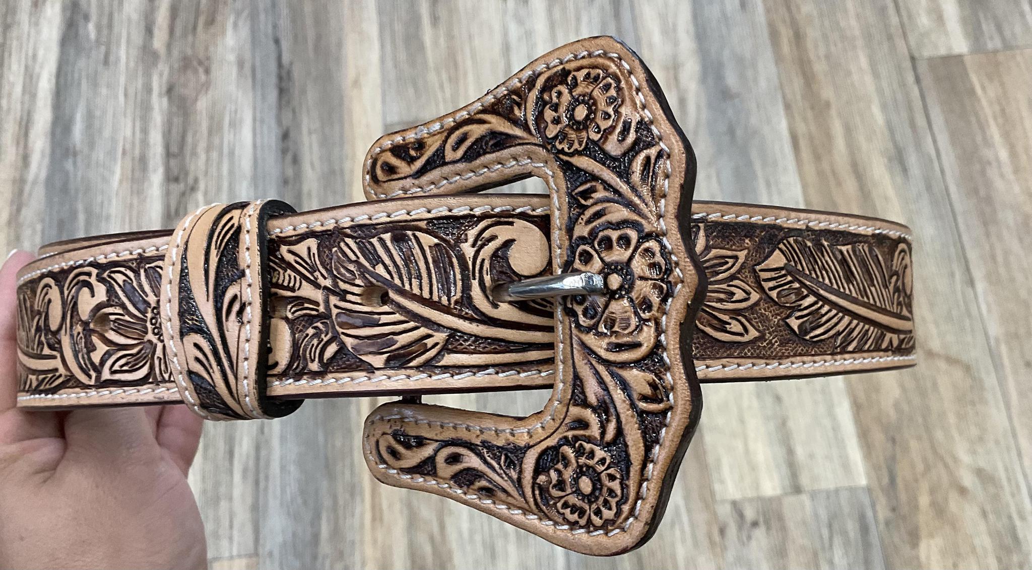‘’KELLY’’ WOMENS TOOLED LIGHT BROWN  BELT