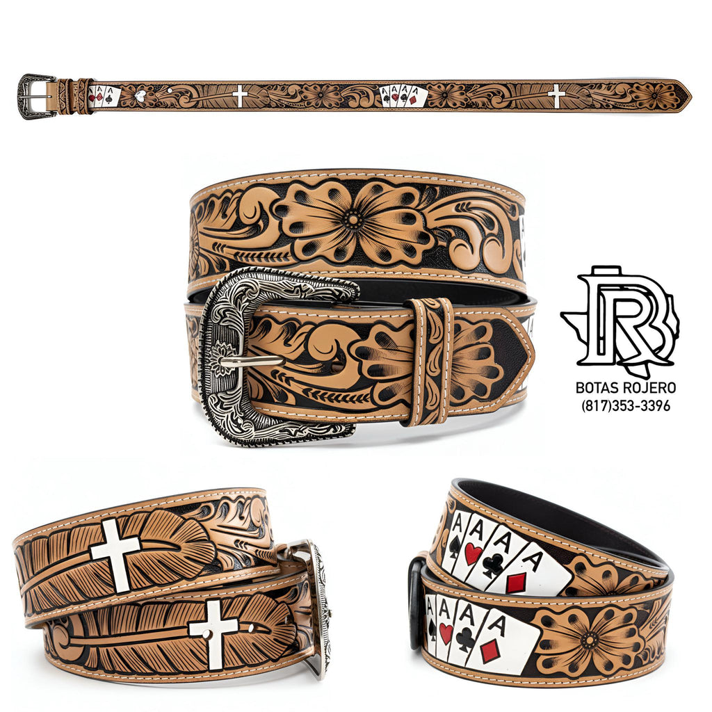 “ GEO FOUR ACES “ 2 INCH WESTERN BELT TOOLED HANDMADE 4 ACES WITH CROSS WESTERN BELT