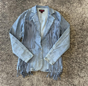 ROCK & ROLL WOMENS LIGHT WASH FRINGE BLAZER | BM92D02269