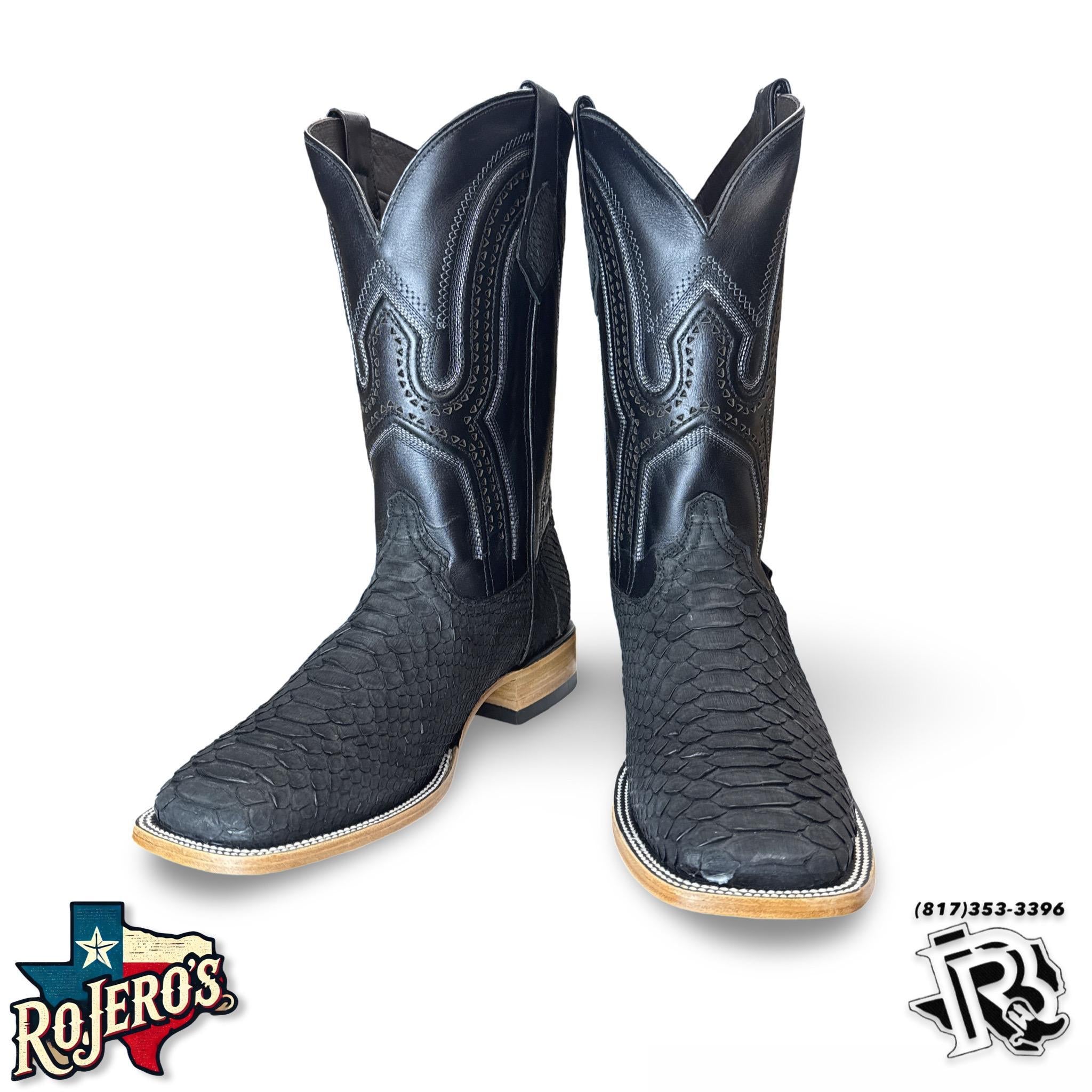 “ TONY “ | MEN WESTERN PYTHON MATTE BLACK SQUARE TOE BOOTS BY ROCK EM