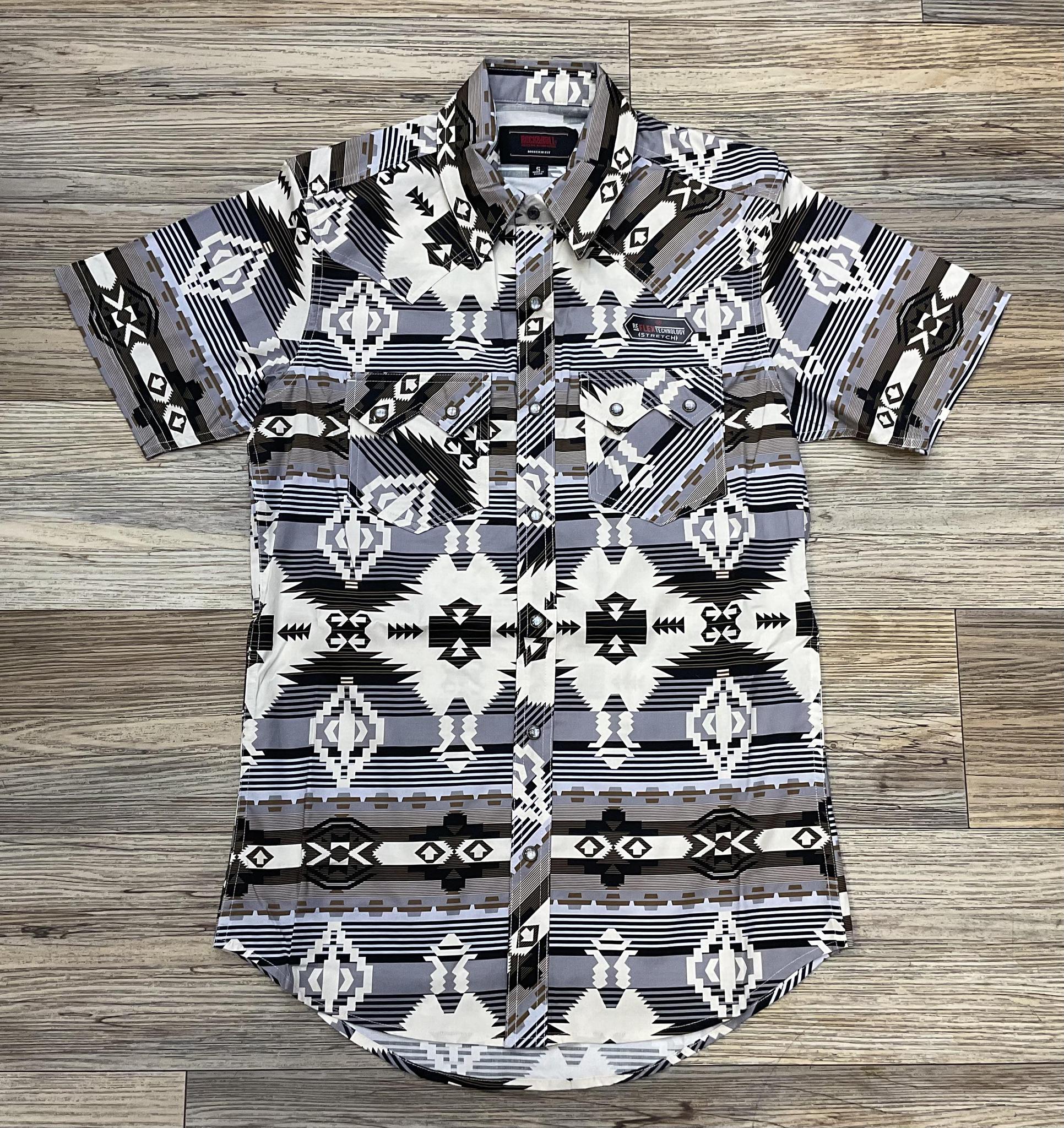 ‘’Zander’’ Men’s Rock & Roll Grey Aztec Print Short Sleeve Shirt| BMN3S07158