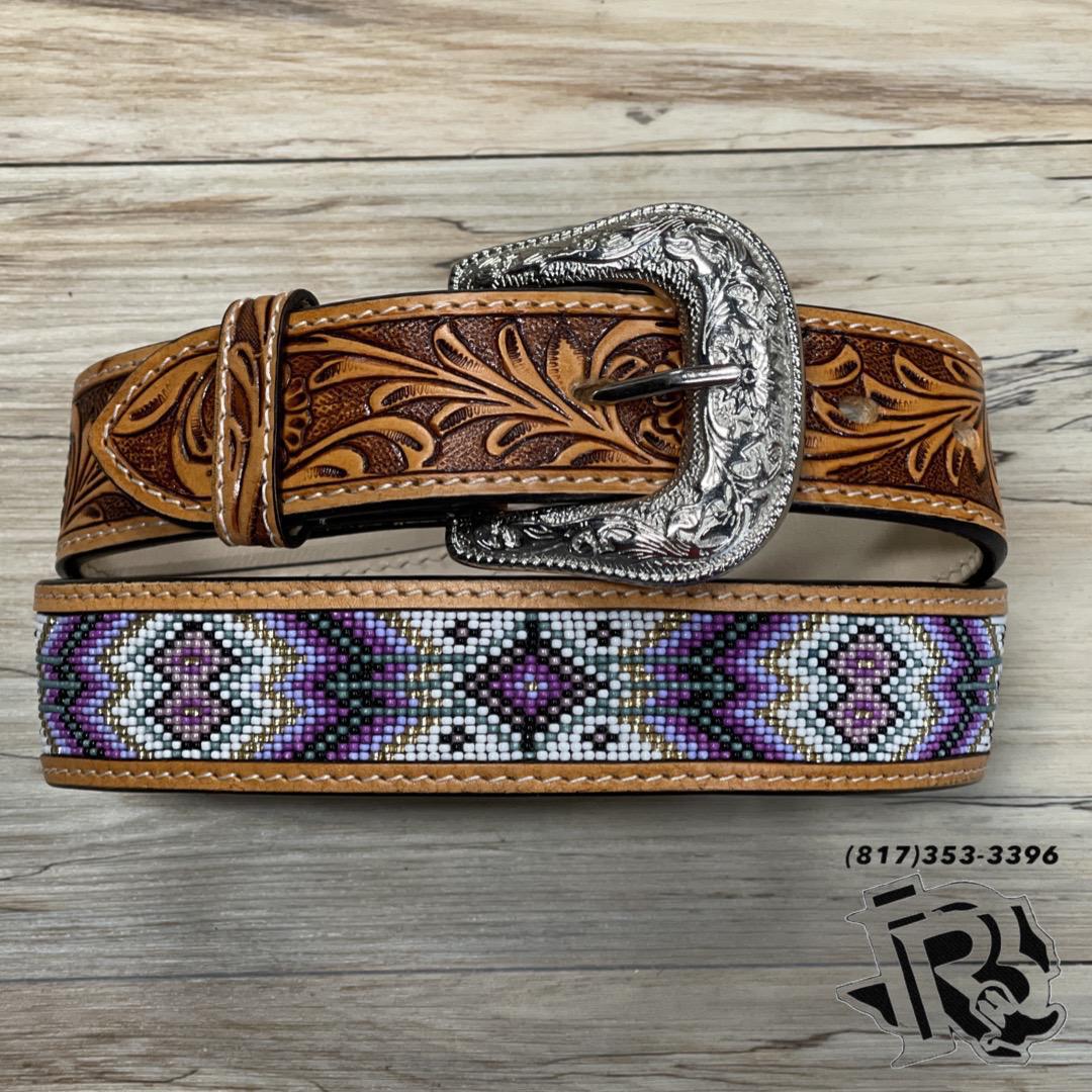 “ CHRIS “ INCH MEN WESTERN TOOLED LEATHER BELT BEADED PURPLE