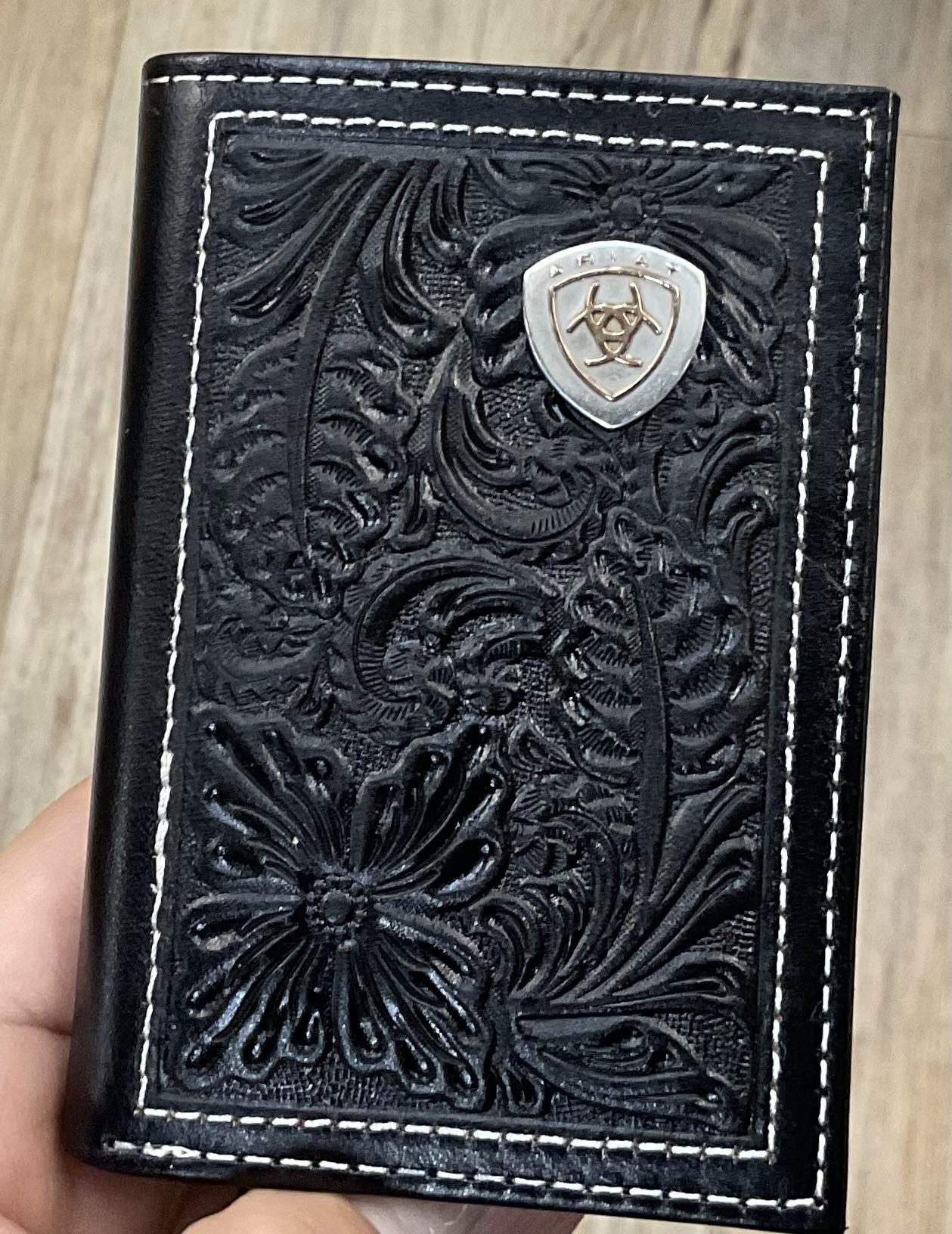 Ariat Western Mens Wallet Trifold Leather Embossed Floral Concho Black |A3559901