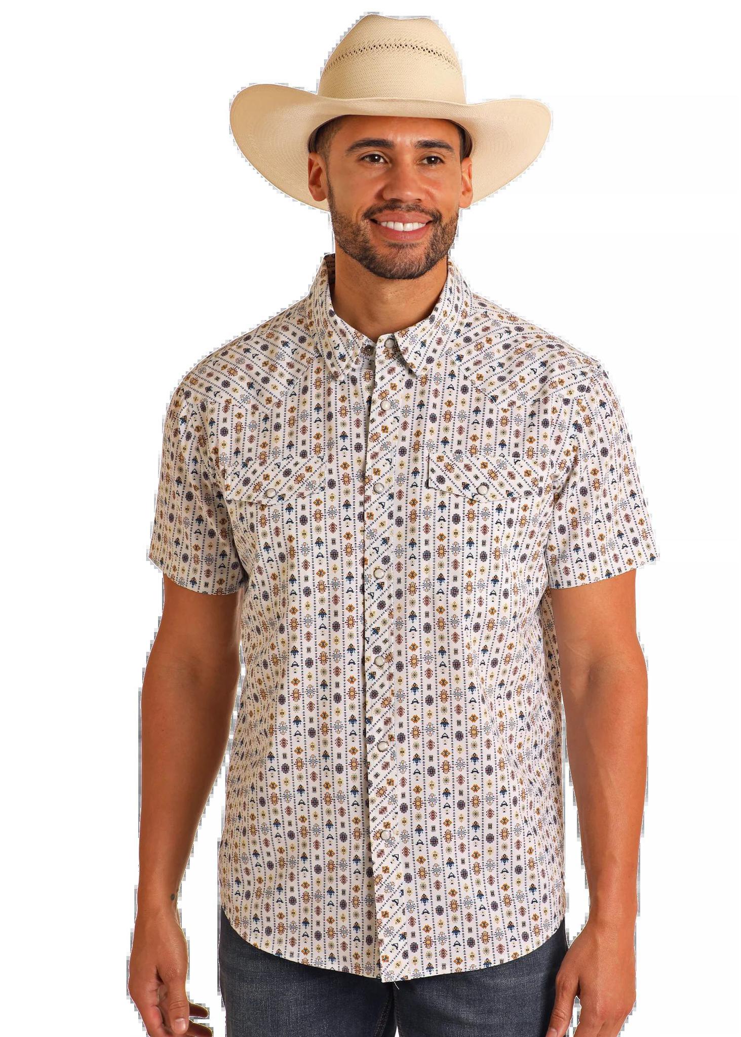 MENS PANHANDLE  WHITE AZTEC STRIPED SHORT SLEEVE SNAP PERFORMANCE SHIRT |TMN3S05720